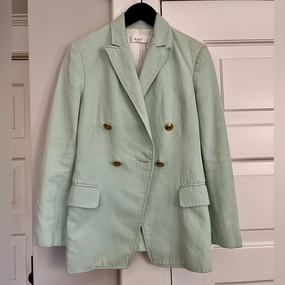PRICE DROP! A.L.C. Sedgwick Mint Green Cotton Linen Double Breasted Blazer - Picture 3 of 9